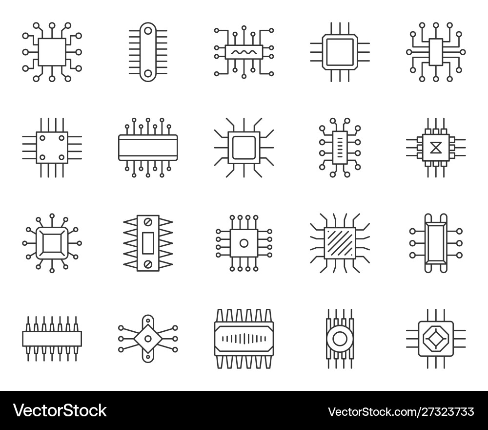 Microchip Line Icons - Circuit Technology Vector Image