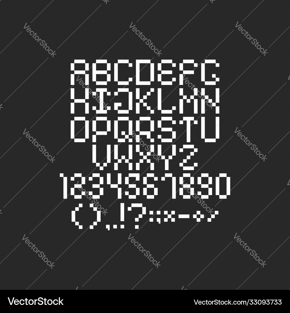 Pixel font 8-bit style with numbers and special Pixel font 8-bit style with numbers and special vector image