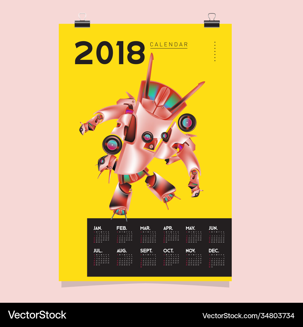 2018 calendar design template 3d realistic robot 2018 calendar design template 3d realistic robot vector image