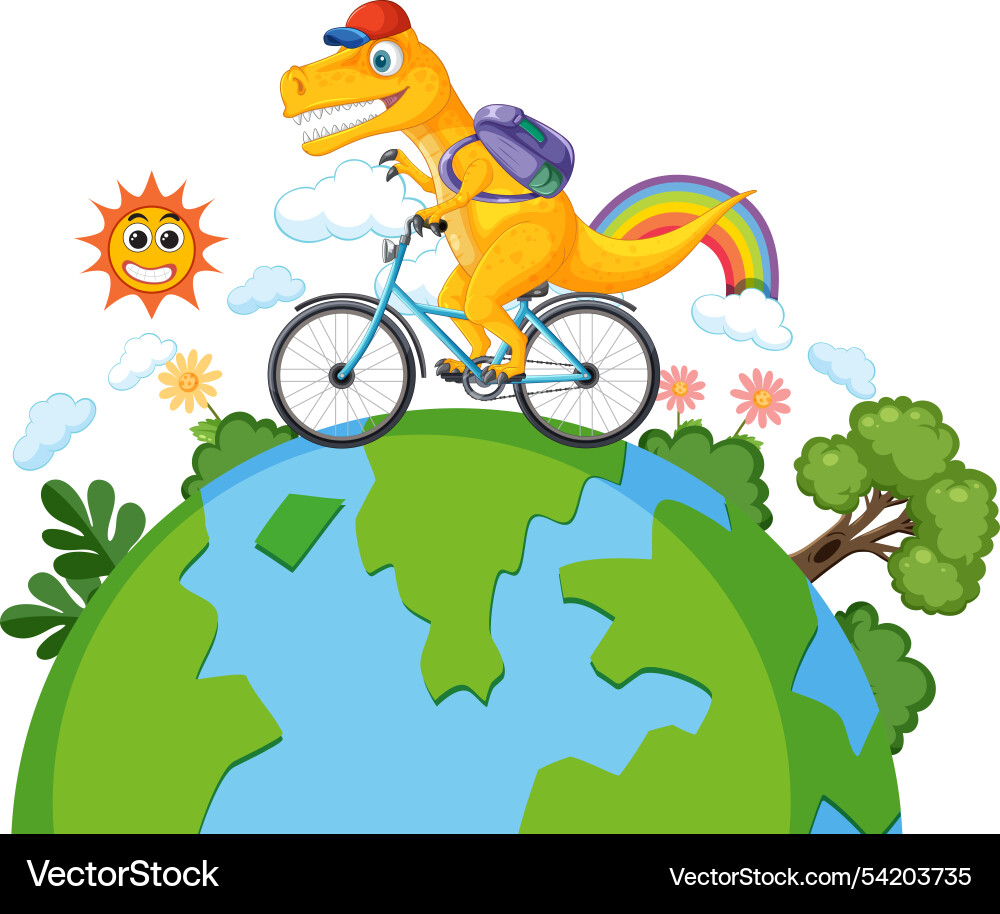 A dinosaur rides bike on globe A dinosaur rides bike on globe vector image