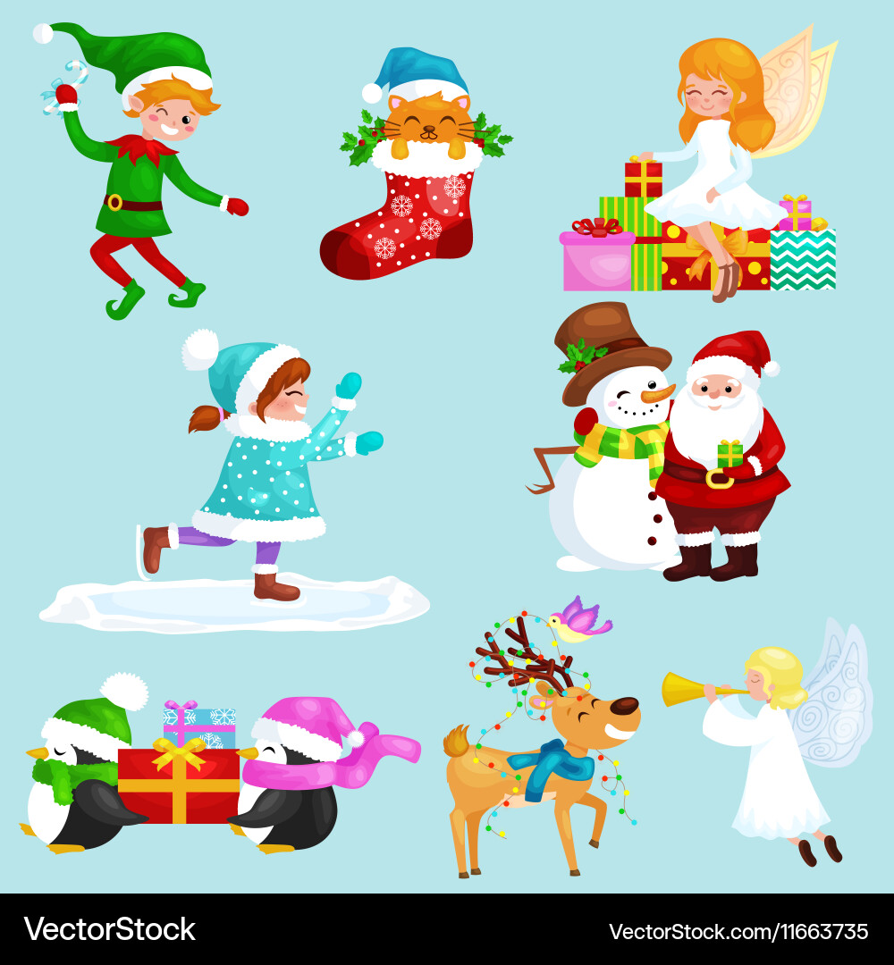 Santa claus snowman hats children enjoy winter vector image