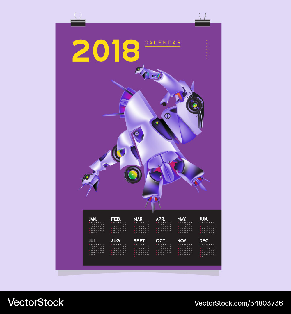 2018 calendar design template 3d realistic robot 2018 calendar design template 3d realistic robot vector image