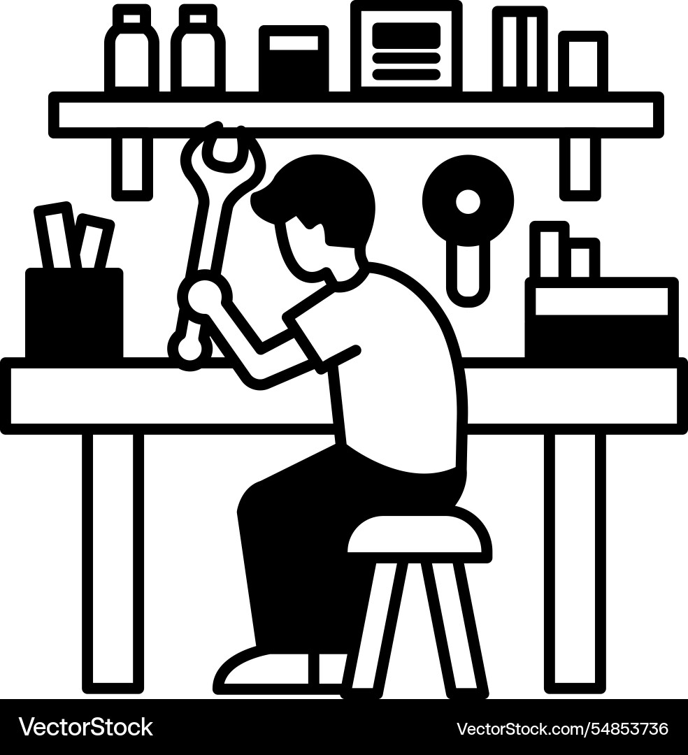A man is working on project at workbench A man is working on project at workbench Vector Image