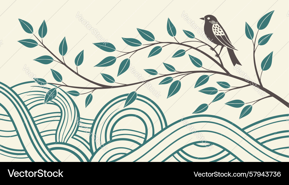 Bird on Branch with Flowing Lines Vector Image