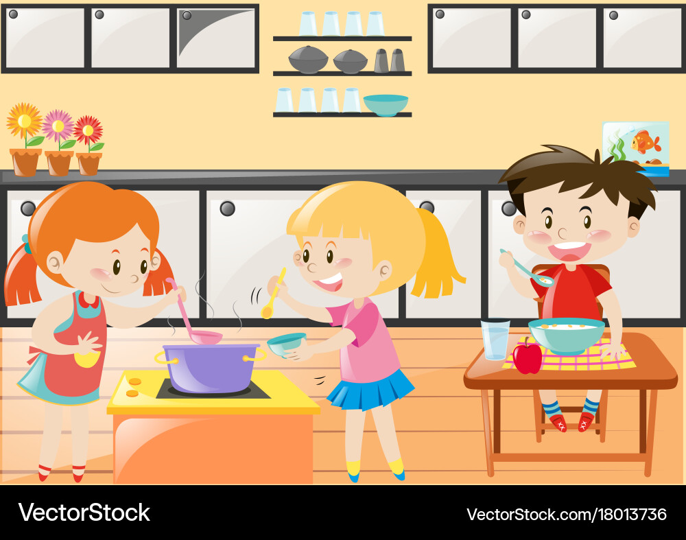 Drei Kinder kochen und essen in der Küche vektorbild