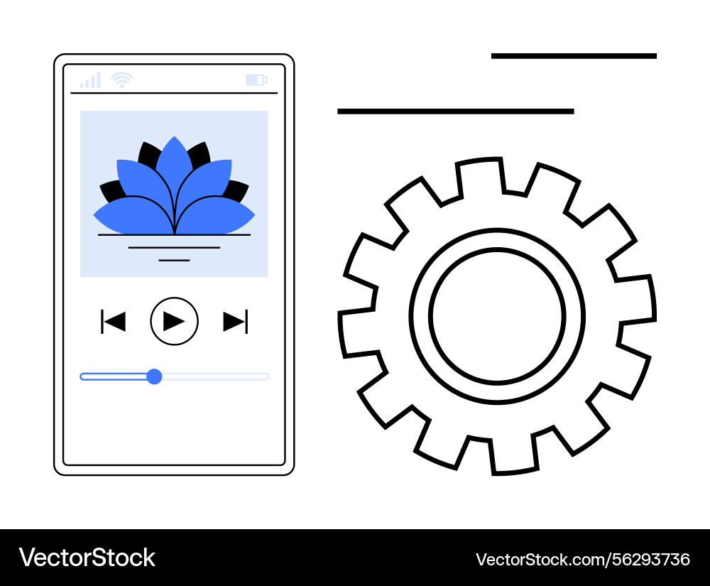 Mobile app interface with media player and gear Mobile app interface with media player and gear vector image