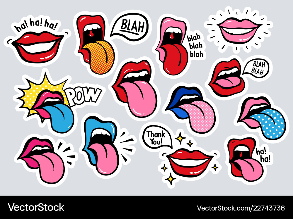 Youth lips stickers patches in 70 s 80 pop art Youth lips stickers patches in 70 s 80 pop art vector image