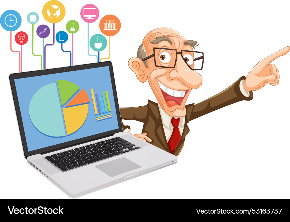 Man presenting data with colorful icons vector image
