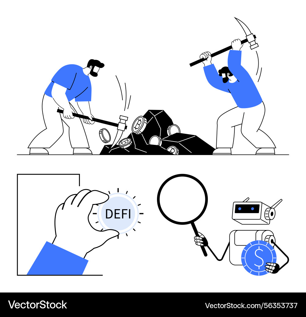 Team mining for digital assets with defi button Vector Image