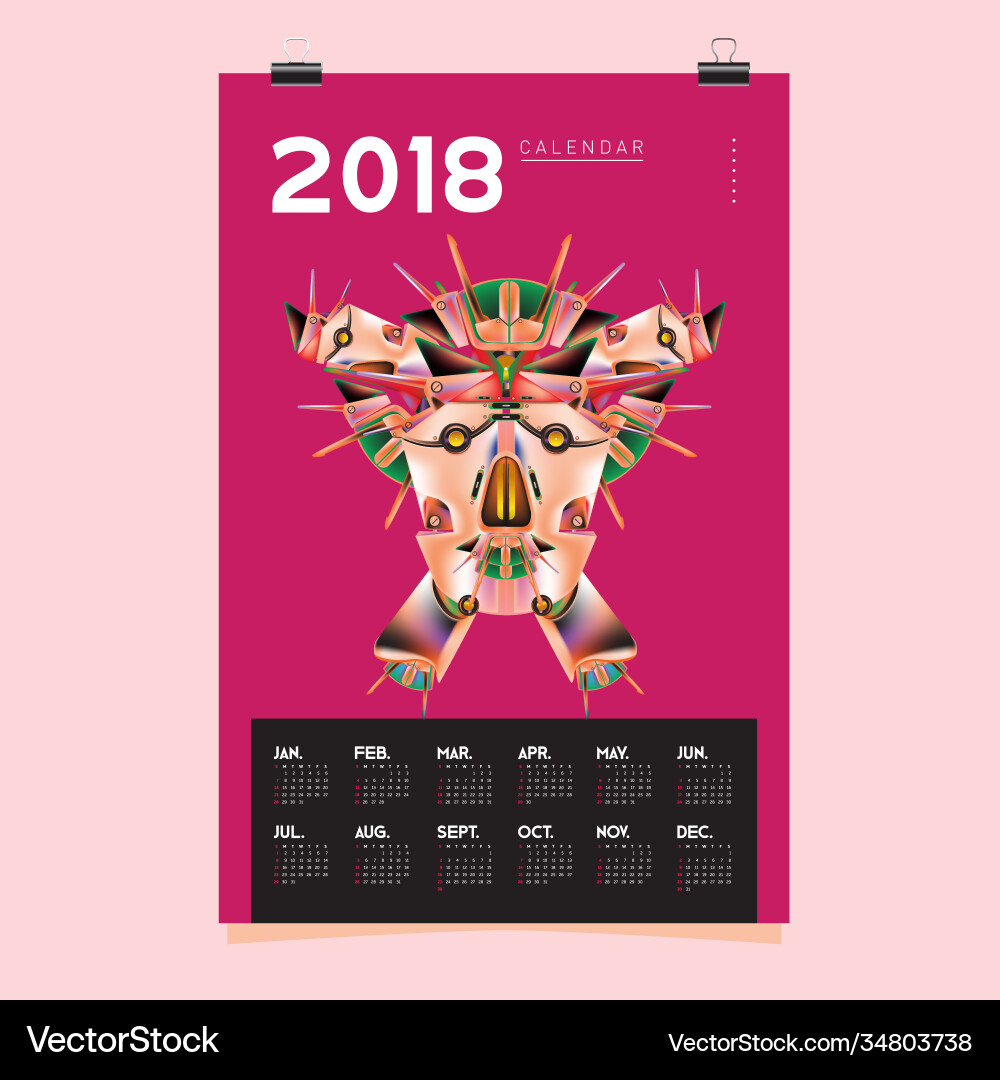 2018 calendar design template 3d realistic robot 2018 calendar design template 3d realistic robot vector image