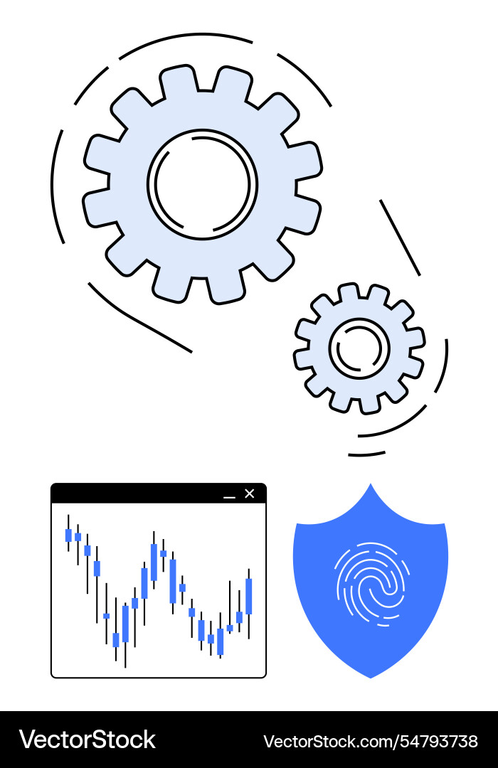 Gears and line graph with shield emphasizing Gears and line graph with shield emphasizing Vector Image