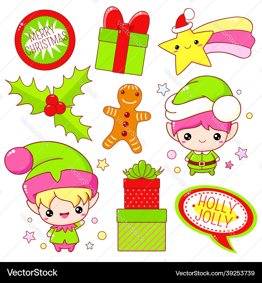 Kawaii Christmas Icons - Elf, Gifts & Stars Vector Image