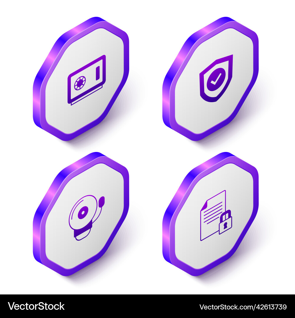 Set isometric safe shield with check mark Set isometric safe shield with check mark vector image