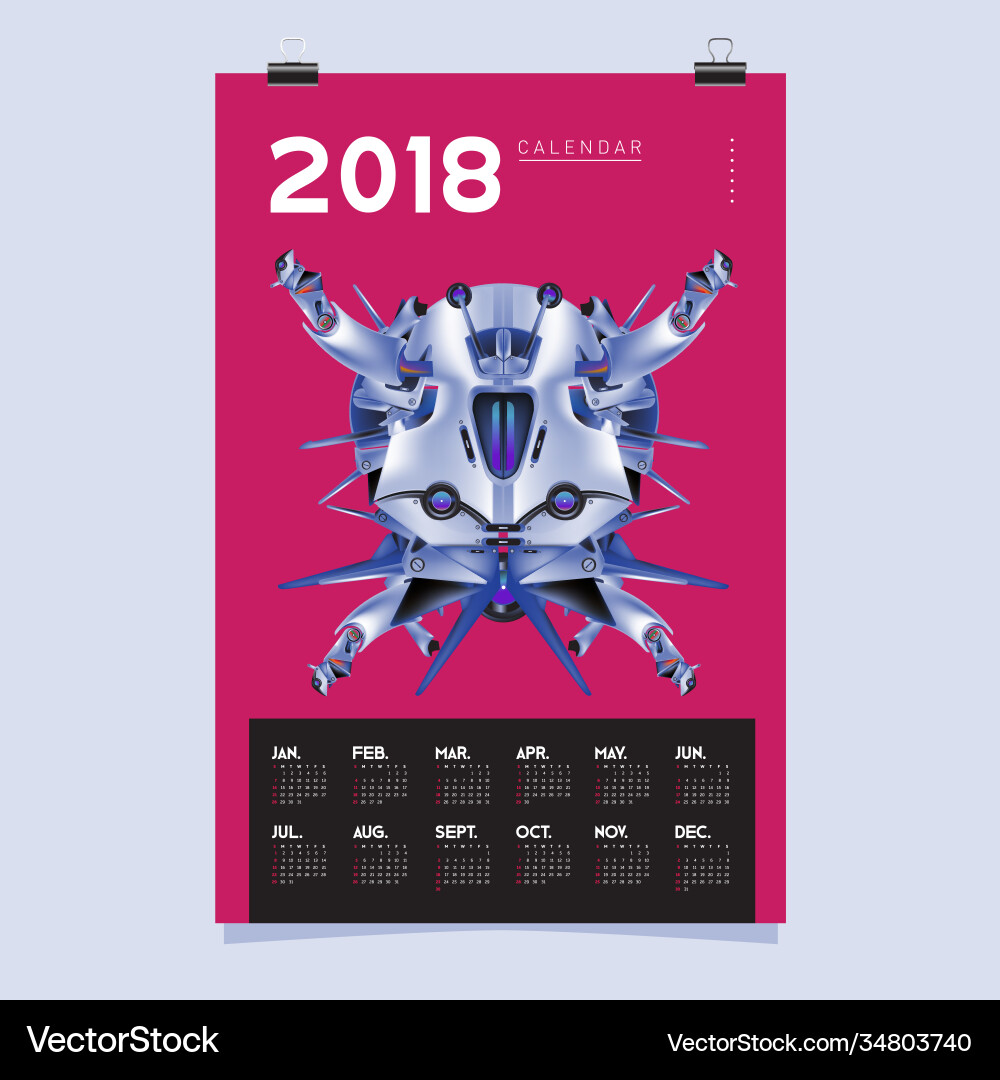 2018 calendar design template 3d realistic robot 2018 calendar design template 3d realistic robot vector image