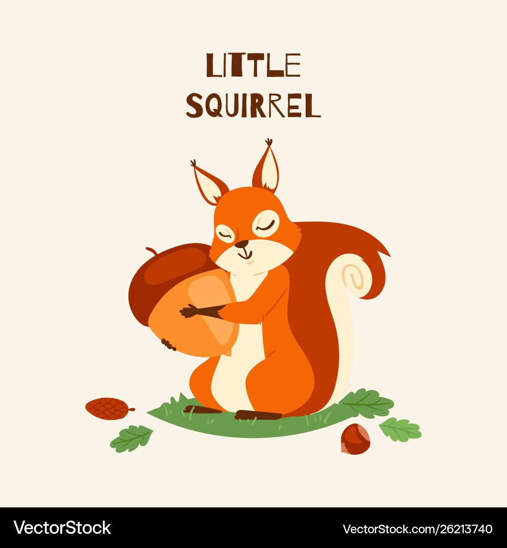 Squirrel little hugging acorn and standing Squirrel little hugging acorn and standing vector image