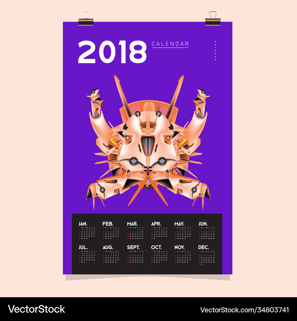 2018 calendar design template 3d realistic robot vector image