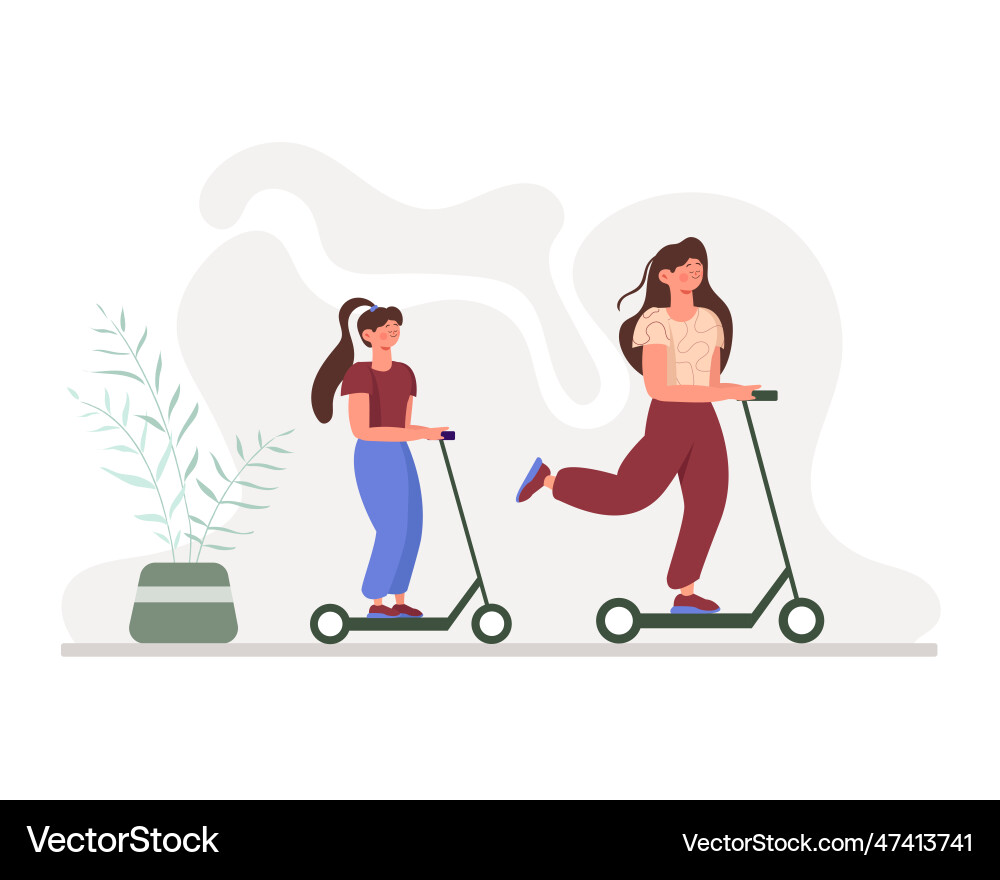 Cartoon girls riding scooters flat style Cartoon girls riding scooters flat style vector image