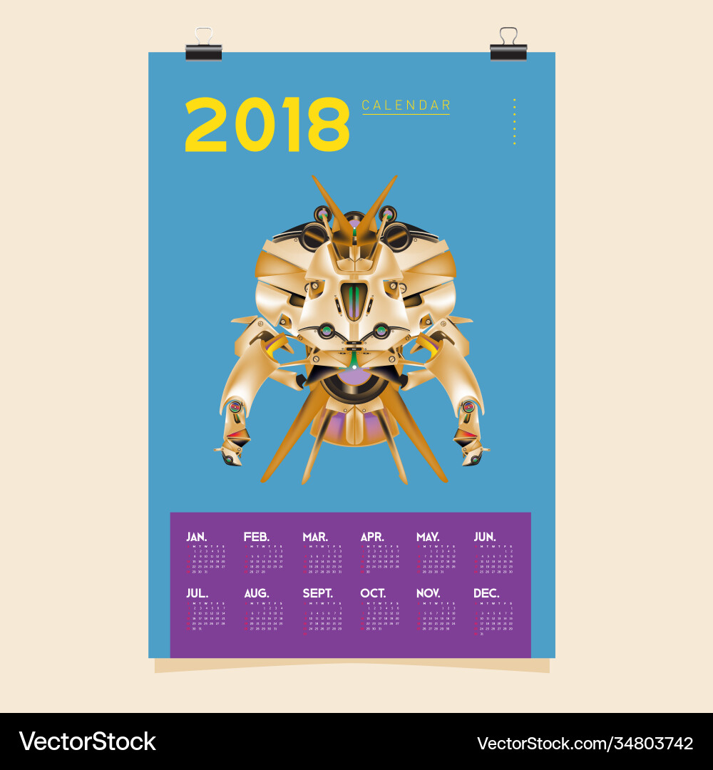 2018 calendar design template 3d realistic robot 2018 calendar design template 3d realistic robot vector image