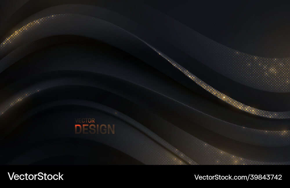 Black curvy wave shape with golden glitters vector image