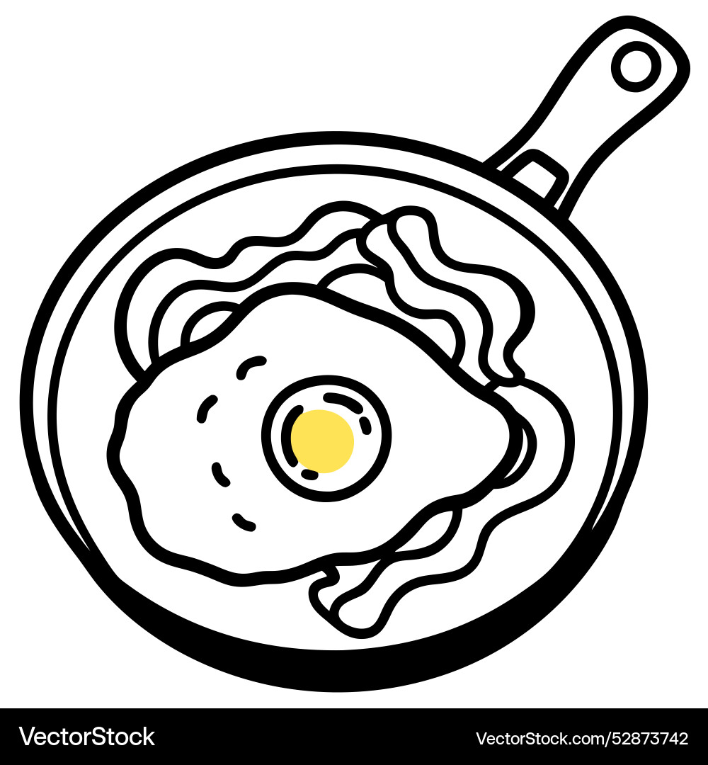 Fried egg with bacon and green onions in cast Fried egg with bacon and green onions in cast Vector Image