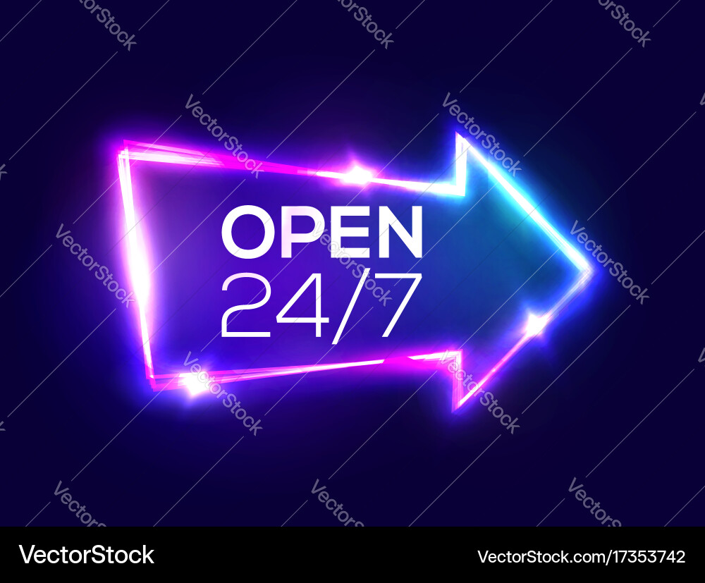 Open 24 7 hours 3d retro light bar arrow pointer vector image