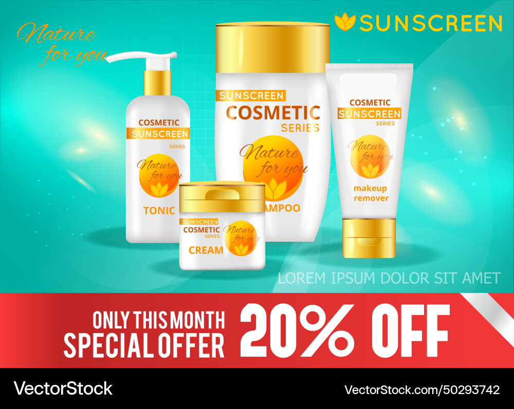 Realistic sun protection cosmetic template Realistic sun protection cosmetic template vector image
