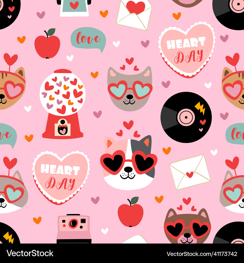 Valentine seamless pattern with cute cats and love Valentine seamless pattern with cute cats and love vector image
