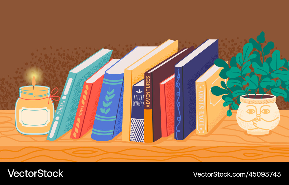 Bookshelf pile of books in bookcase bookshop vector image