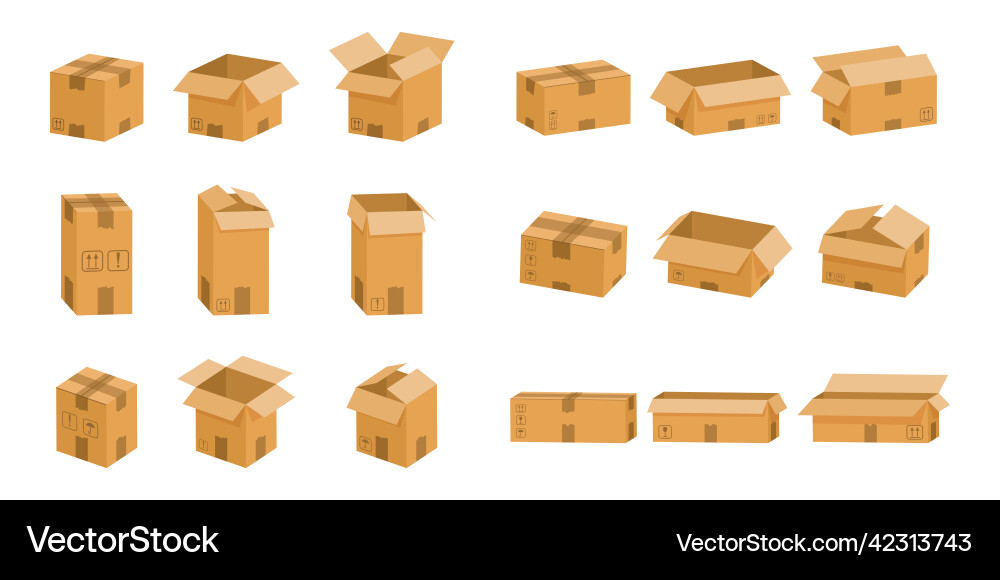 Carton boxes open and closed cardboard objects Carton boxes open and closed cardboard objects Vector Image