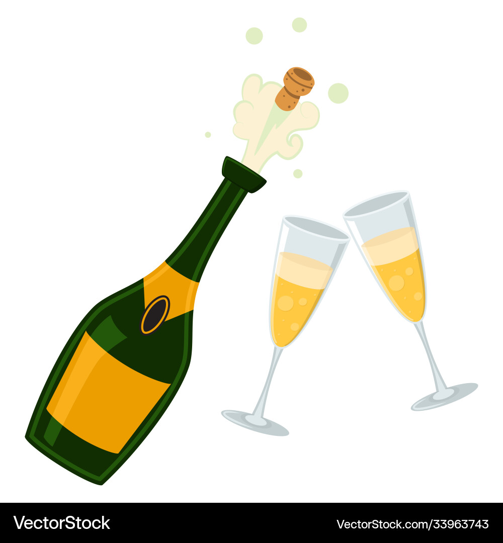 Champagne bottle explosion and glasses wine Champagne bottle explosion and glasses wine vector image