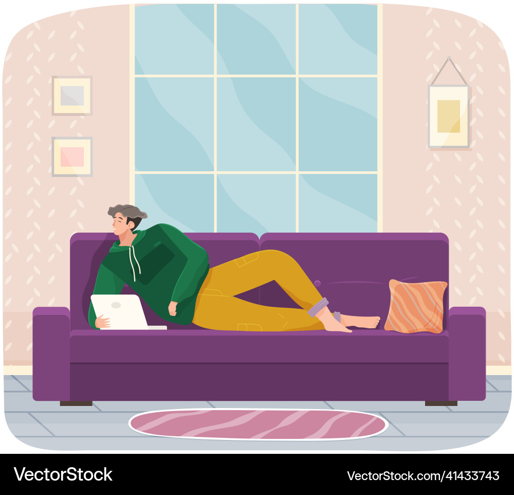 Man lying on couch with computer holding laptop Man lying on couch with computer holding laptop Vector Image