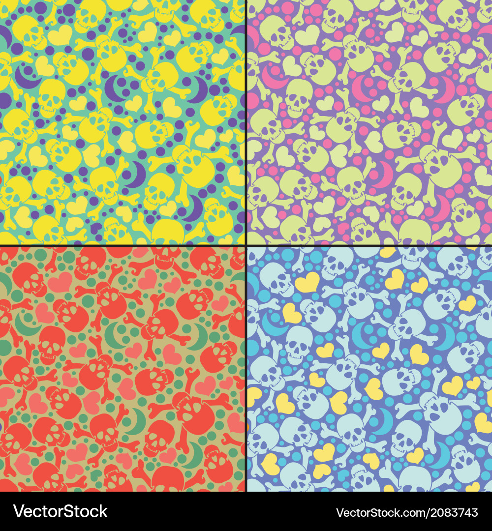 Set of four skulls and hearts seamless pattern Vector Image