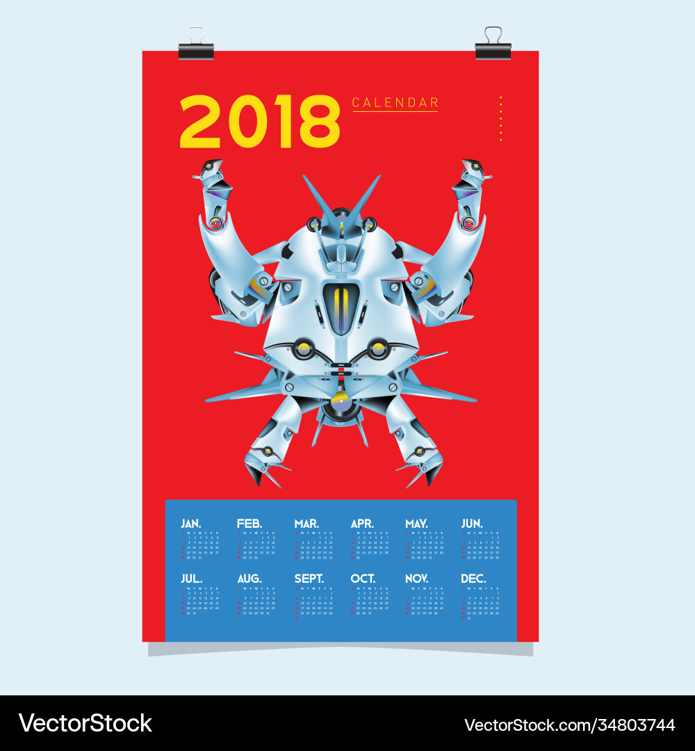 2018 calendar design template 3d realistic robot 2018 calendar design template 3d realistic robot vector image
