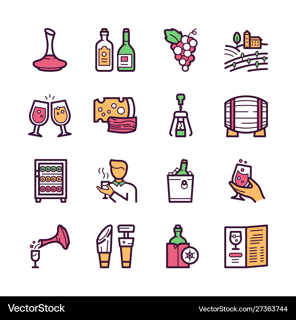 Wine making color linear icons set Wine making color linear icons set vector image