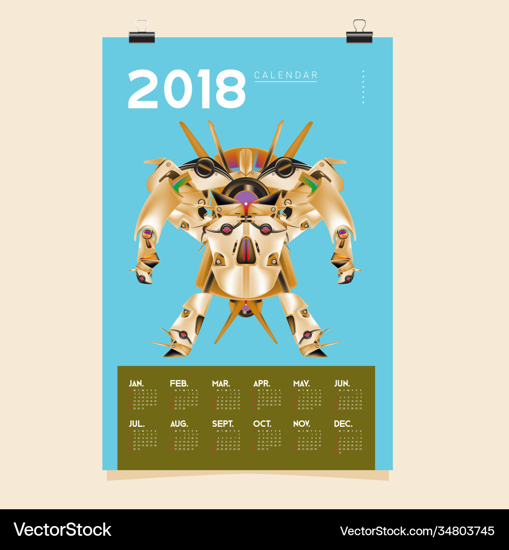 2018 calendar design template 3d realistic robot vector image
