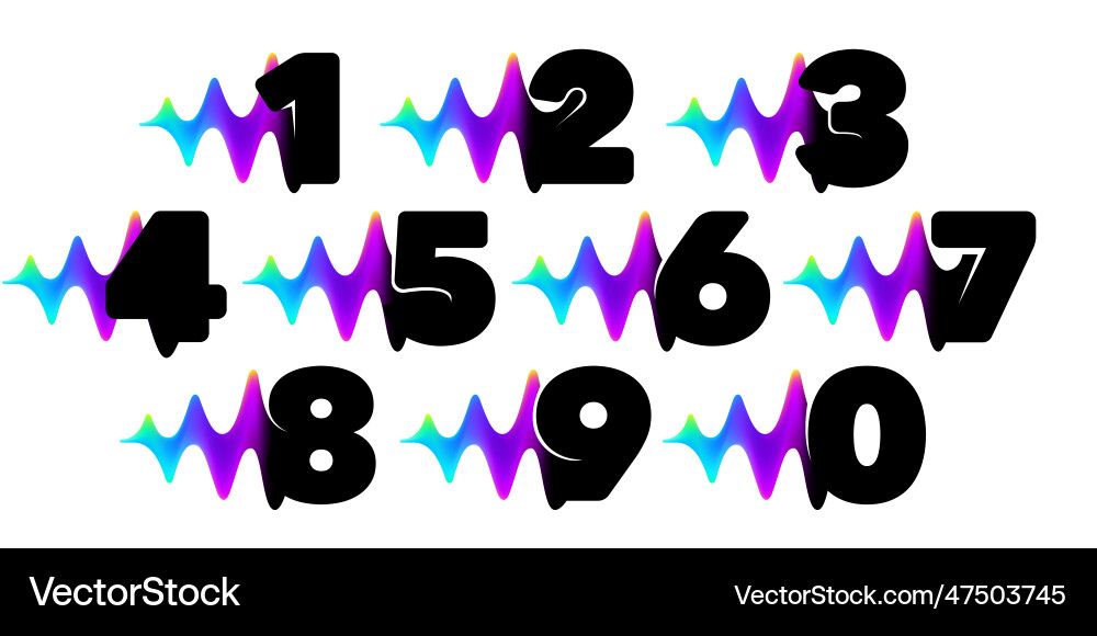 Numbers set with sound waves flow vibrant line Numbers set with sound waves flow vibrant line vector image