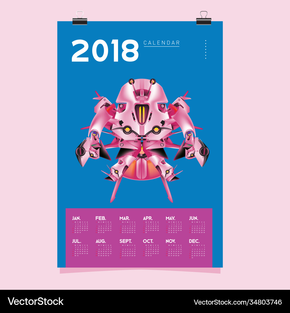 2018 calendar design template 3d realistic robot 2018 calendar design template 3d realistic robot Vector Image
