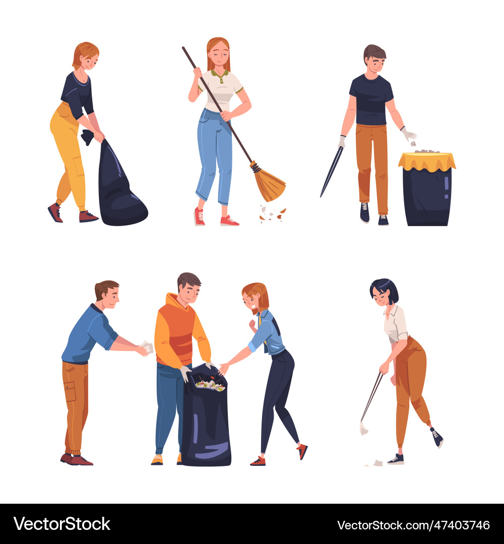 Man and woman character collecting garbage in sack Man and woman character collecting garbage in sack vector image