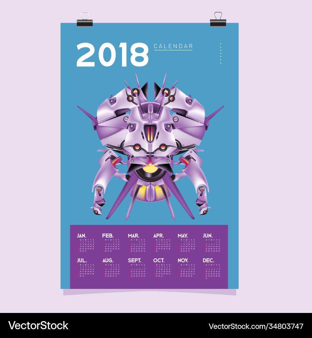 2018 calendar design template 3d realistic robot 2018 calendar design template 3d realistic robot vector image