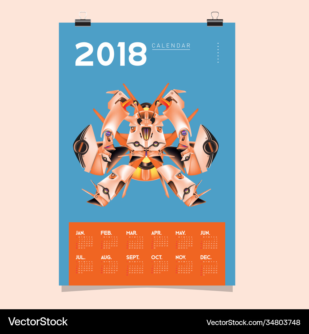 2018 calendar design template 3d realistic robot 2018 calendar design template 3d realistic robot vector image