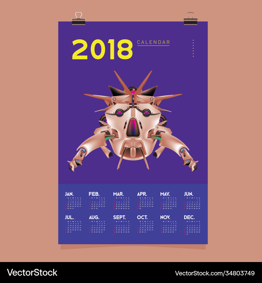 2018 calendar design template 3d realistic robot 2018 calendar design template 3d realistic robot vector image