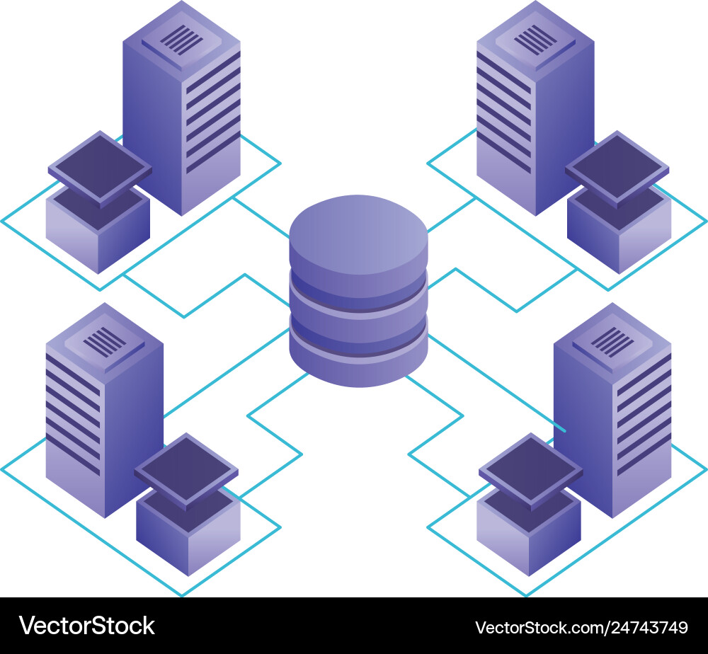 Database center connected server storage network vector image
