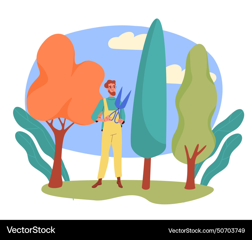 Man cuts trees with pruner Man cuts trees with pruner vector image