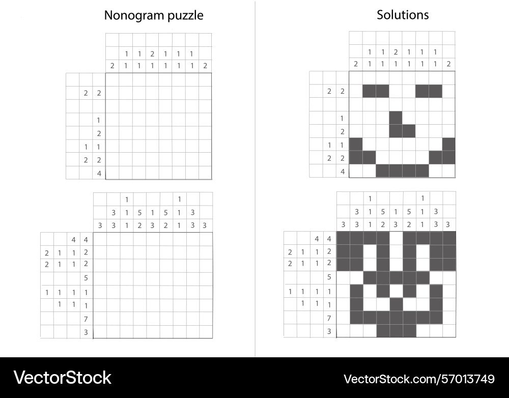 Nonogram puzzle with solution shown picross grid Nonogram puzzle with solution shown picross grid vector image