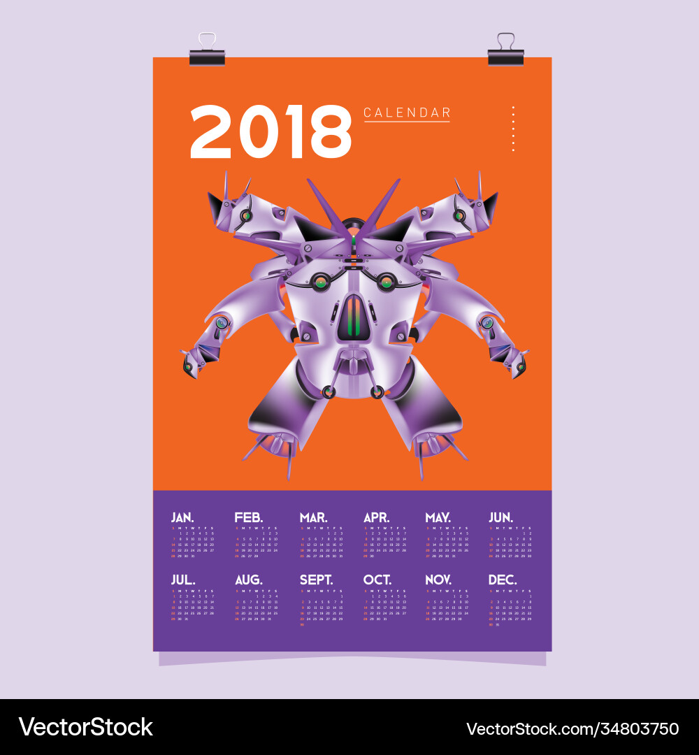 2018 calendar design template 3d realistic robot 2018 calendar design template 3d realistic robot vector image