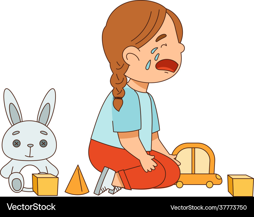 Crying girl sitting on floor with toys Crying girl sitting on floor with toys vector image