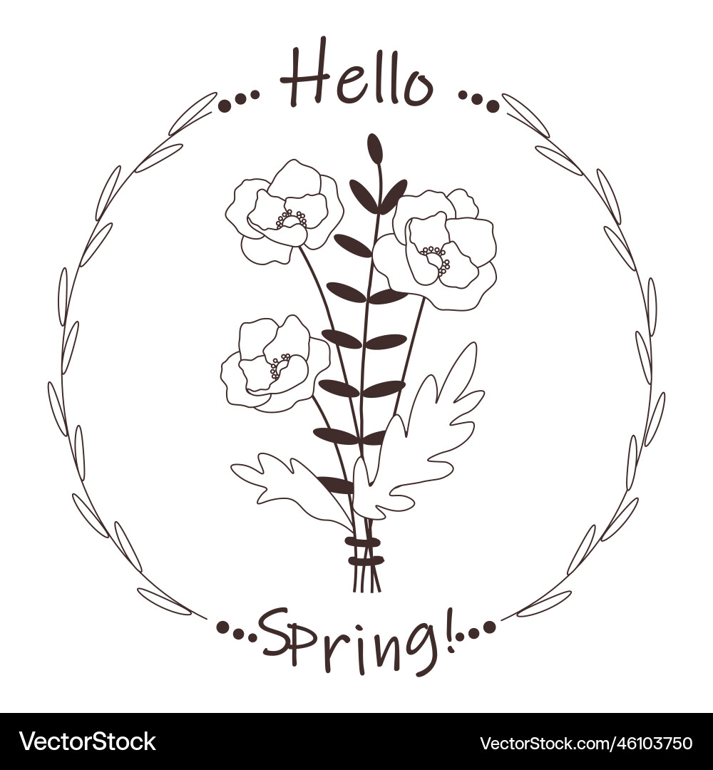 Line bouquet with poppies and text hello spring Vector Image