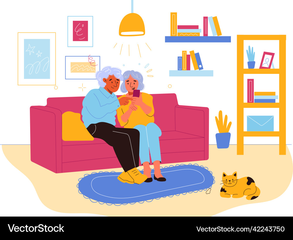 Senioren Gadgets im Zimmer glücklich älter Senioren Gadgets im Zimmer glücklich älter vektorbild