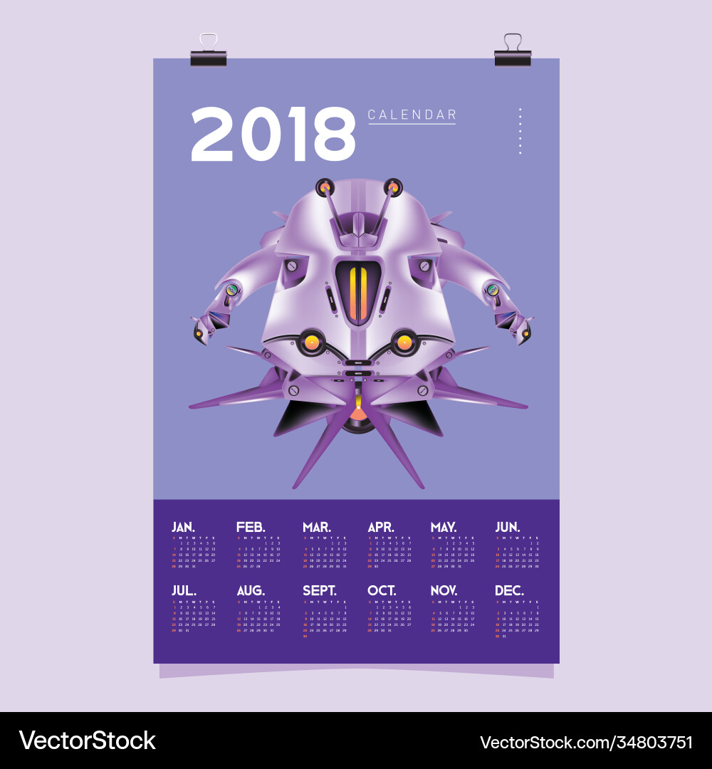 2018 calendar design template 3d realistic robot 2018 calendar design template 3d realistic robot Vector Image
