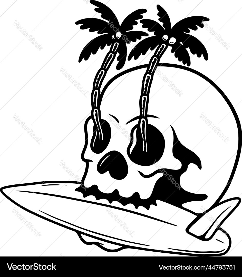 Skull with Palms & Surfboard - Summer Vibes Vector Image